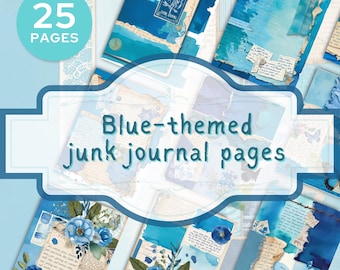 Blue Junk Journal Pages, Vintage Scrapbook Paper, Shabby Chic Ephemera, Antique Blue Digital Paper, A4 A5 Printable, Junk Journal Kit