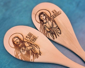 Jezus en Moeder Maria Sarcastische Laser Gegraveerde Rubberwood Lepel