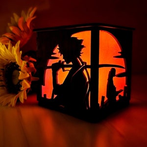 Samurai Sun Silhouette Handmade Lantern with yellow flickering tealight