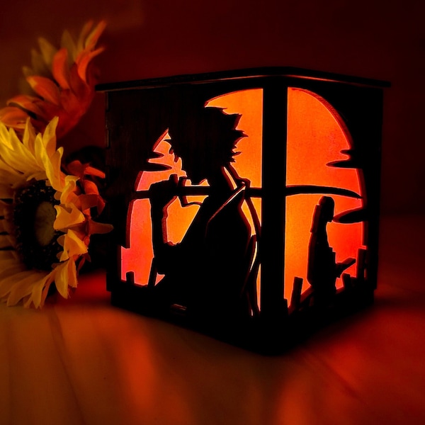 Samurai Sun Silhouette Handmade Lantern with yellow flickering tealight
