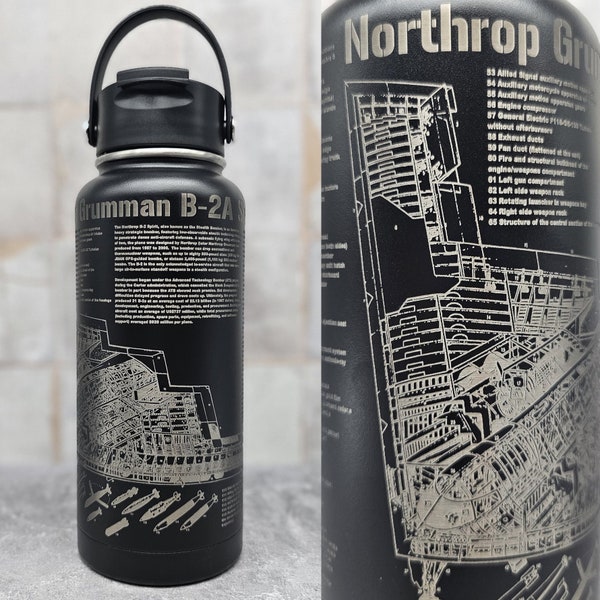 B-2A Military Aircraft Blueprint Engraved on Black Water Bottle