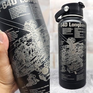 AH-64D Longbow Apache Helicopter Military Aircraft Blueprint Engraved on Black Water Bottle