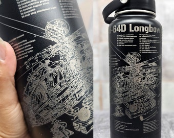 AH-64D Longbow Apache Helicopter Military Aircraft Blueprint Engraved on Black Water Bottle