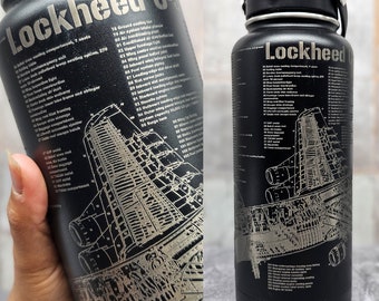 C-5 Galaxy Military Aircraft Blueprint Engraved on Black Water Bottle