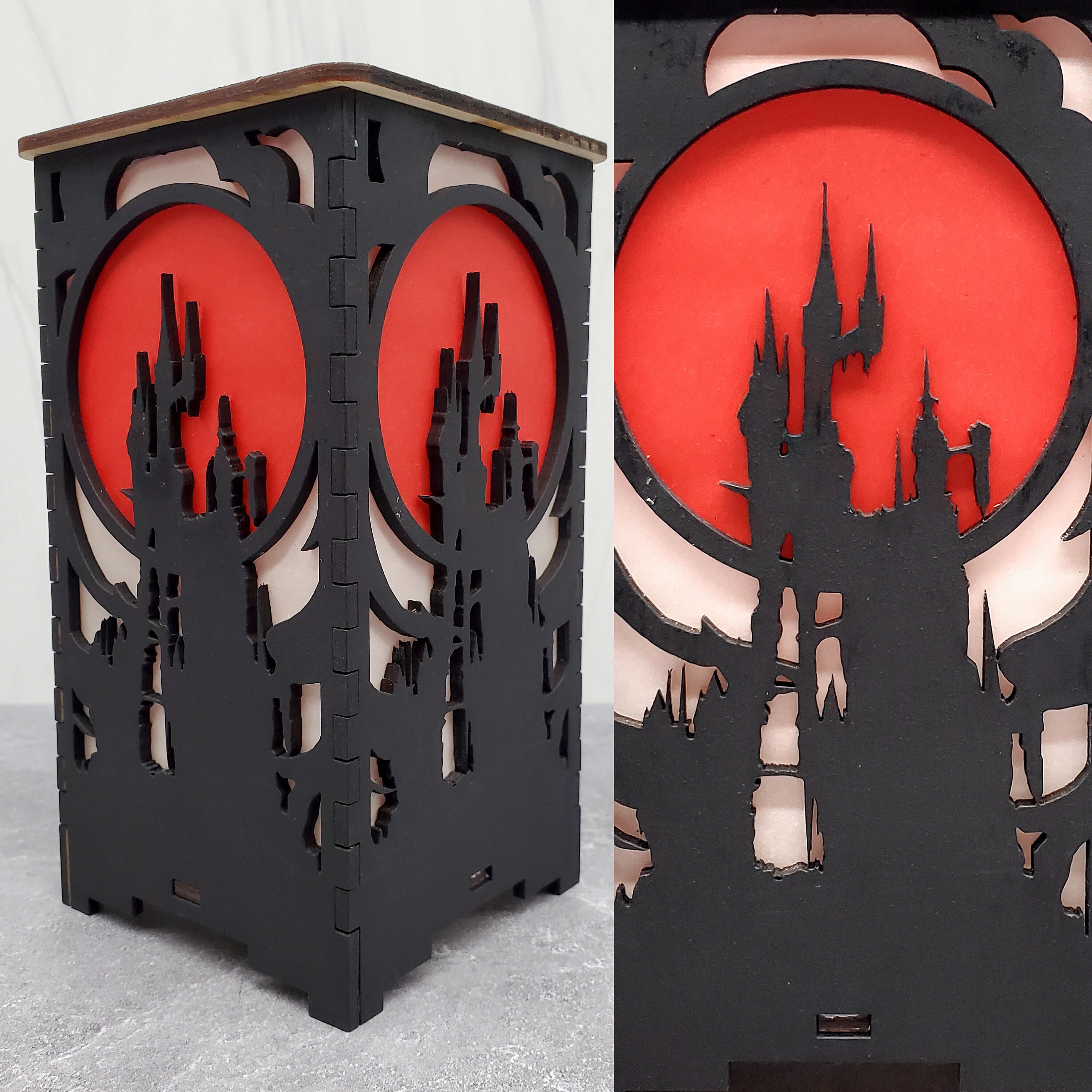 Handgemaakte lantaarn spooky vampierkasteel silhouet