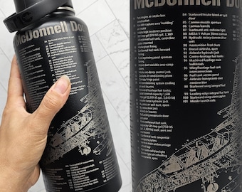 F-15E Strike Eagle Military Aircraft Blueprint Engraved on Black Water Bottle