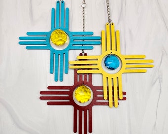 Houten nieuwe Mexicaanse Zia Suncatcher met kristal