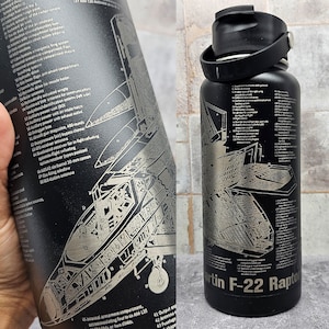 F-22 Raptor Military Aircraft Blueprint Engraved on Black Water Bottle - Customizable