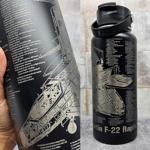 F-22 Raptor Military Aircraft Blueprint Engraved on Black Water Bottle - Customizable