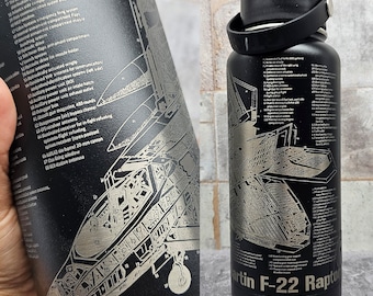 F-22 Raptor Military Aircraft Blueprint Engraved on Black Water Bottle - Customizable