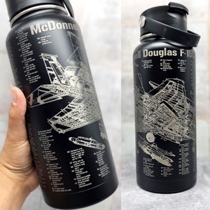 F-15C Eagle Military Aircraft Blueprint Engraved on Black Water Bottle - Customizable