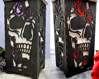 Skull and Roses Lantern with LED Tea Light