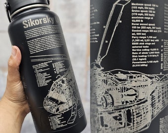 Sikorsky UH-60A Black Hawk Helicopter Military Aircraft Blueprint Engraved on Black Water Bottle
