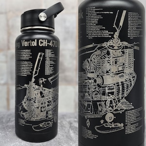 CH-47D Chinook Helicopter Military Aircraft Blueprint Engraved on Black Water Bottle