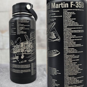 F-35B Military Aircraft Blueprint Engraved on Black Water Bottle