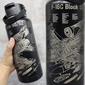 F-16C Block 50/52 Military Aircraft Blueprint Engraved on Black Water Bottle