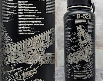 B-52G Stratofortress Military Aircraft Blueprint Engraved on Black Water Bottle