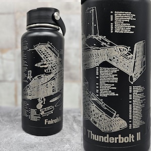 A-10 Military Aircraft Blueprint Engraved on Black Water Bottle