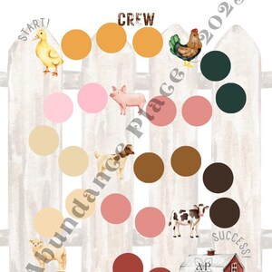 May include: A colorful game board with a farm theme. The board features a path with circles of different colors, and images of farm animals, including a pig, a cow, a goat, a chicken, and a duck. The game board also includes the words "Moo Moo Potty" and "Crew".