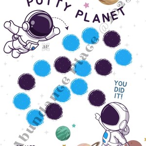 Puede incluir: Un gráfico de entrenamiento para ir al baño con temática espacial. El gráfico presenta a un astronauta sosteniendo un cohete y un camino de círculos azules y negros. El texto "Potty Planet" está en la parte superior del gráfico. El texto "You Did It!" está en la parte inferior del gráfico. Hay un espacio en blanco para una recompensa.