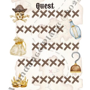 May include: A printable potty training chart with a pirate theme. The chart features a brown background with a white scroll-like border. The title is "Blackbeard's Potty Quest". There are brown X's on the chart and images of a pirate skull, a bottle, a bag of gold, a hook, and a crown.