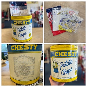 May include: A vintage yellow and blue Chesty Potato Chips metal tin featuring a cartoon boy illustration, the text Chesty Potato Chips, and a historical summary. Includes several clear plastic bags with Chesty branding and printed graphics.