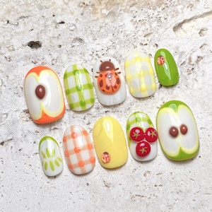 Kawaii Farmcore Press On Nails, Handmade Apple, Tomato, Ladybug Nail Art, Retro Gingham, Garden Picnic Vibes, Cute Cottagecore Style