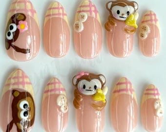 Handmade 3D Monkey Press On Nails, Kawaii Cartoon Nail Art