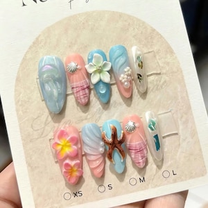 Handmade Ocean-Inspired Press On Nails, Colorful 3D Design with Florals, Seashells, and Starfish for a Bright and Beachy Summer Look