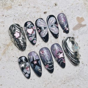 Handmade Y2K Galaxy Press On Nails, 3D Butterfly, Star and Heart Design, Black Purple Pink Chrome, Cute Dreamcore Sparkle Nail Art Set