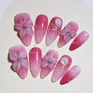 3D Floral Handmade Press On Nails, Ombre Rose Pink French Design, Reusable Almond Fake Nails, Spring and Summer Nail Art Set, 10pcs