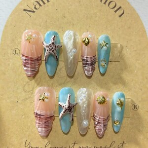 Tropical Beach 3D Press On Nails, Ocean-Inspired Designs with Seashells and Starfish, Handmade Press On Nails, Summer Nails, Beach Nails