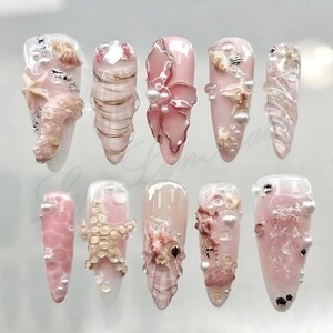 Handmade Summer Nails, Pink Octopus and Flower Press On Nails, 3D Gel Y2K Faux Acrylic Nails, Custom Nails, Prom Nails, Party or Event Nails