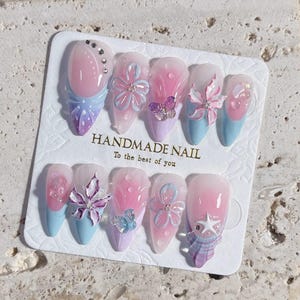 Handmade Kawaii Coquette Press On Nails, 3D Butterfly, Starfish, Floral Art, Pastel Gradient Nails, Cute Summer Mermaidcore Nail Set