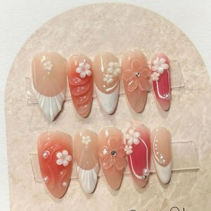 Summer Pink Press-On Nails with 3D Floral Art, Handmade Almond Nail Set for Everyday Glam or Thoughtful Gift for Her, Romantic Pink Nails