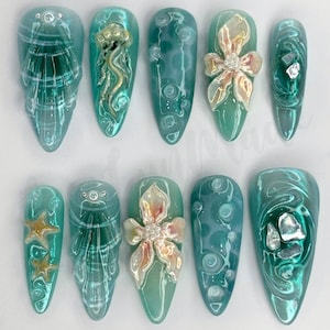 Handmade Ocean Jellyfish Press On Nails, 3D Starfish, Seashell, Pearl Flowers, Mermaid Teal Nail Art, Under the Sea Summer Nails, Beach Nail