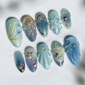 Mermaid Ocean 3D Press On Nails, Blue Glitter Nails, Starfish Nails, Seashell Nail Art, Handmade Summer Beach Nails, Ocean-Inspired Nails