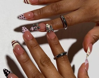 Coquette Press On Nails, Handmade Pink French Tip with Polka Dots and 3D Bow, Feminine Romantic Nail Set