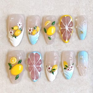 Handmade Cute Nails, Lemon Nails, Citrus Press On Nails, Summer Fruit Nails, Flower Accent Nails, Tropical Vacation Nails, Blue Yellow Nails