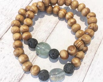 Stackable Mens or Womens Essential Oil Diffuser Bracelet with  Mala Wood Beads - Stretch Essential Oil Diffusing Lava Rock Bead Bracelet