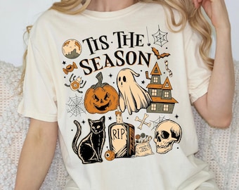 Retro Halloween Shirt: 'Tis The Season Skeleton Pumpkin - Comfort Colors