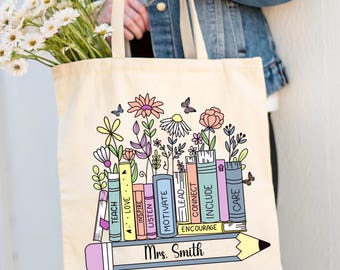 Personalized Floral Teacher Tote Bag, Back To School Teacher Bag, Teacher Retirement Gift, Appreciation Gift for Teacher,Thank You Gifts Day