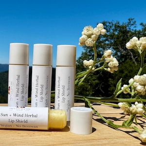 May include: Four lip balm tubes with white labels and the text "Sun + Wind Herbal Lip Shield". One tube is open, revealing the balm. The background includes a wooden surface, greenery, and a bright blue sky.