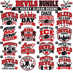 Puede incluir: Un paquete digital de 16 diseños gráficos con temática de hockey que presentan la palabra Devils en tipografía roja y negra. Cada diseño incluye varios eslóganes, discos, palos y siluetas, organizados en una cuadrícula numerada para ropa.