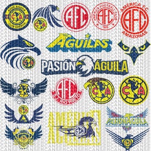 Pode incluir: Uma coleção de logotipos e emblemas com águias e os textos "Aguilas" e "Pasion Aguila". Os designs incorporam as cores vermelho, amarelo, azul e branco, alguns incluindo as letras "AFC" e "Club America".