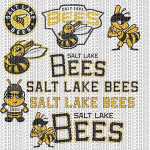 Puede incluir: Una colección de gráficos deportivos de los Salt Lake Bees con mascotas de abejas amarillas y negras, ilustraciones de béisbol y el texto Salt Lake Bees en varias fuentes de bloque, sobre un fondo con un patrón de marca de agua.
