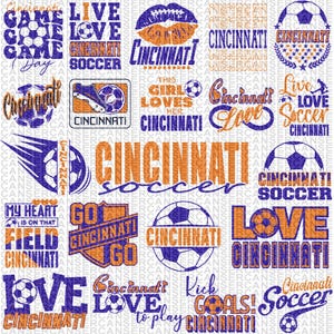 May include: A digital paper pack with a white background and various designs featuring the words "Cincinnati Soccer" in orange and purple. The designs include soccer balls, hearts, lips, and stars.