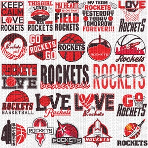May include: A collection of red and black graphic designs featuring the word "Rockets" and basketball imagery. The designs include phrases like "Keep Calm Love Rockets", "Go Rockets Go", "Love My Rockets", and "Rockets Basketball".