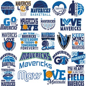 May include: A collection of twenty-five blue and white graphic designs featuring basketball themes, including basketballs, hoops, and the text Mavericks, Love, Go, My Team, Keep Calm, and This Girl Loves Her Mavericks, arranged in a grid format.