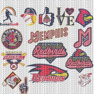 May include: A collection of Memphis Redbirds baseball-themed graphics. Designs include the team name, logo, baseball-related imagery, and the word "Memphis" in various fonts and styles. The color palette features red, yellow, and navy.